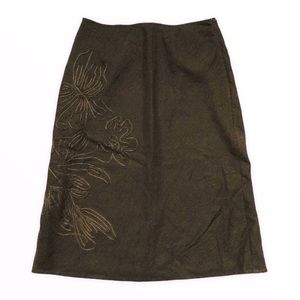 Vintage Richard Malcom Dark Green Embellished Linen A-Line Midi Skirt Size 4